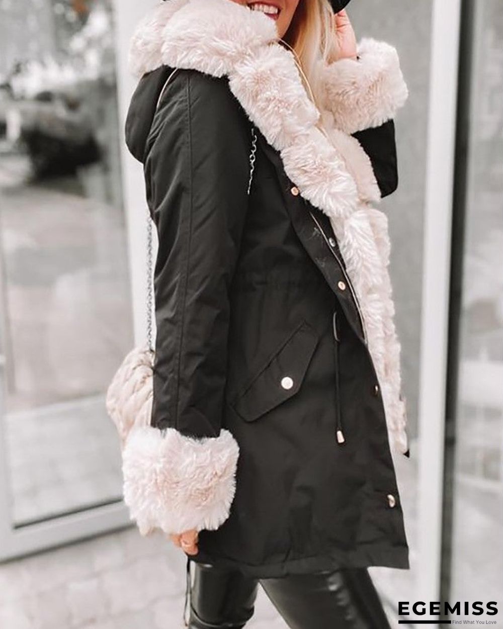 Faux Fur Patch Pocket Zipper Design Hooded Coat | EGEMISS