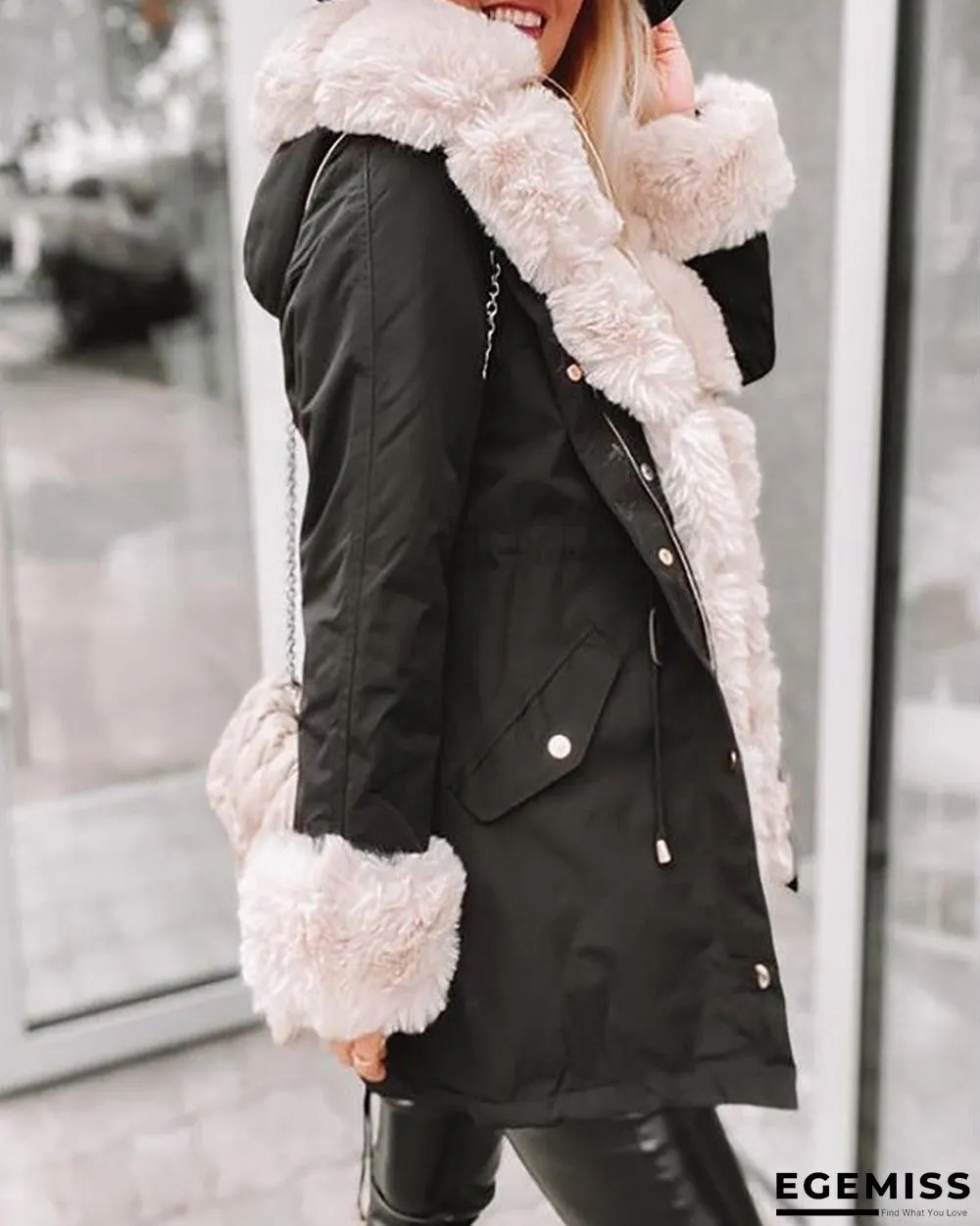 Faux Fur Patch Pocket Zipper Design Hooded Coat | EGEMISS