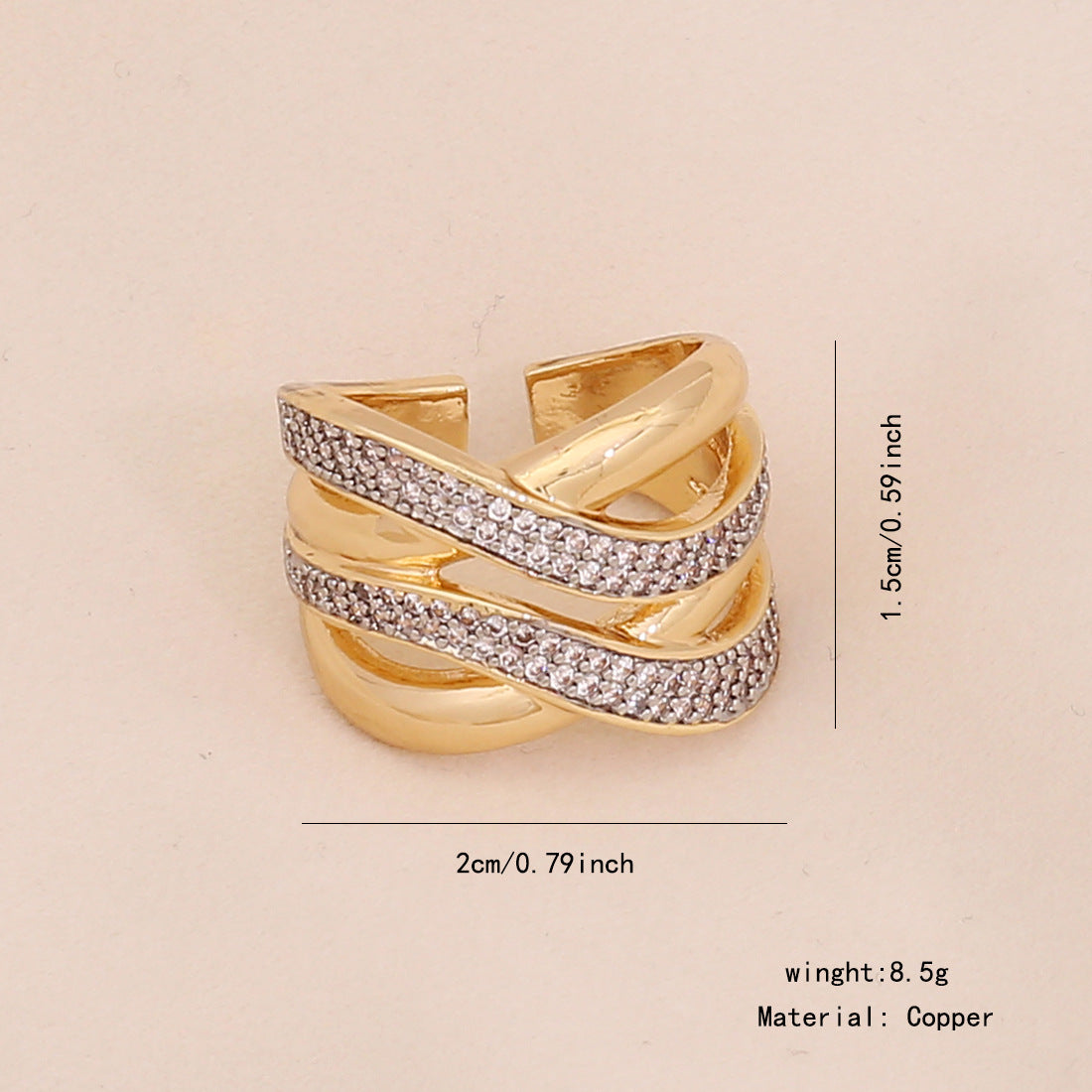 Gold Heart Zircon Ring Geometric Metal Style Live Ring Female Niche Ring R116