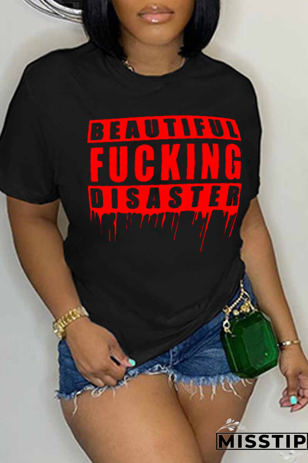 Black Casual Street Print Patchwork O Neck T-Shirts