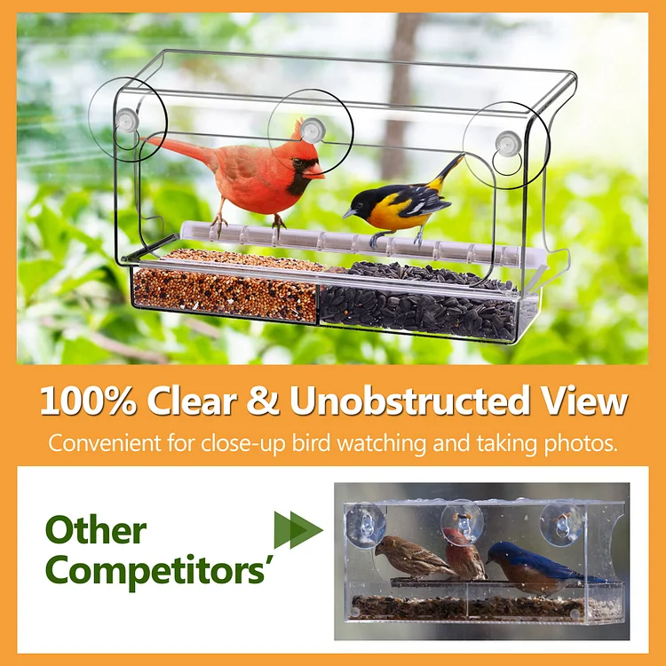 LUJII Shatterproof Window Bird Feeder, Suction Cups, Clear