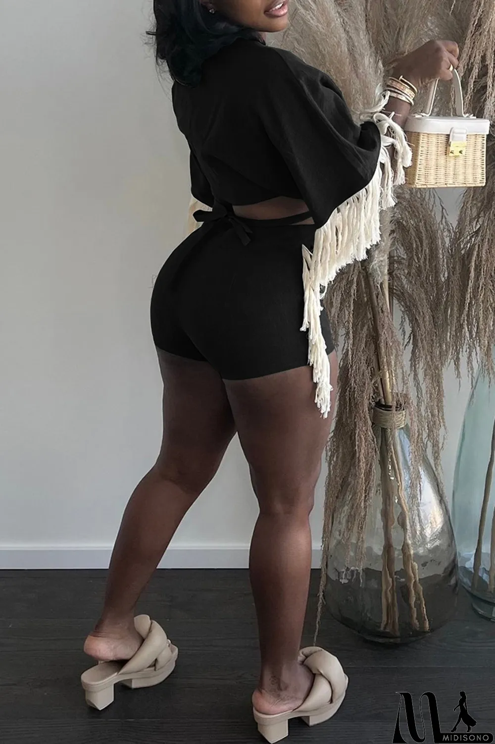 MidiSono - Orange Fashion Casual Solid Tassel Split Joint Frenulum V Neck Half Sleeve Two Pieces