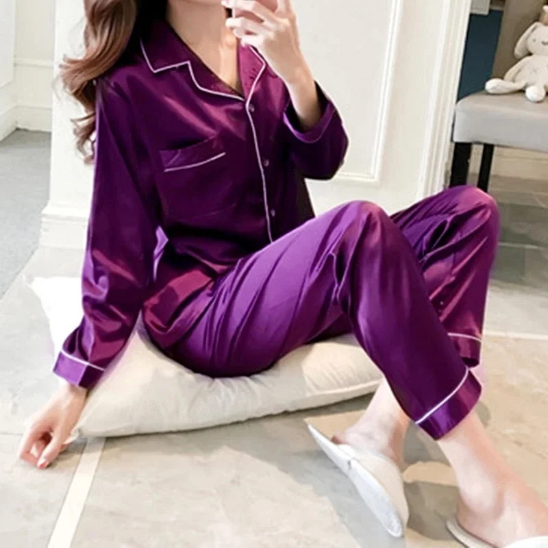 2021 Women's Pajamas Trouser Suits Sleepwear Satin Pajamas Sets Long Sleeve Homewear Women Sleepwear Faux Silk Pajamas Suit
