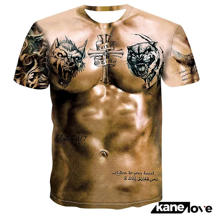 Men Fashion Multicolor 3d Creative Muscle Tattoo Printing Round Neck Short Sleeve T-Shirt