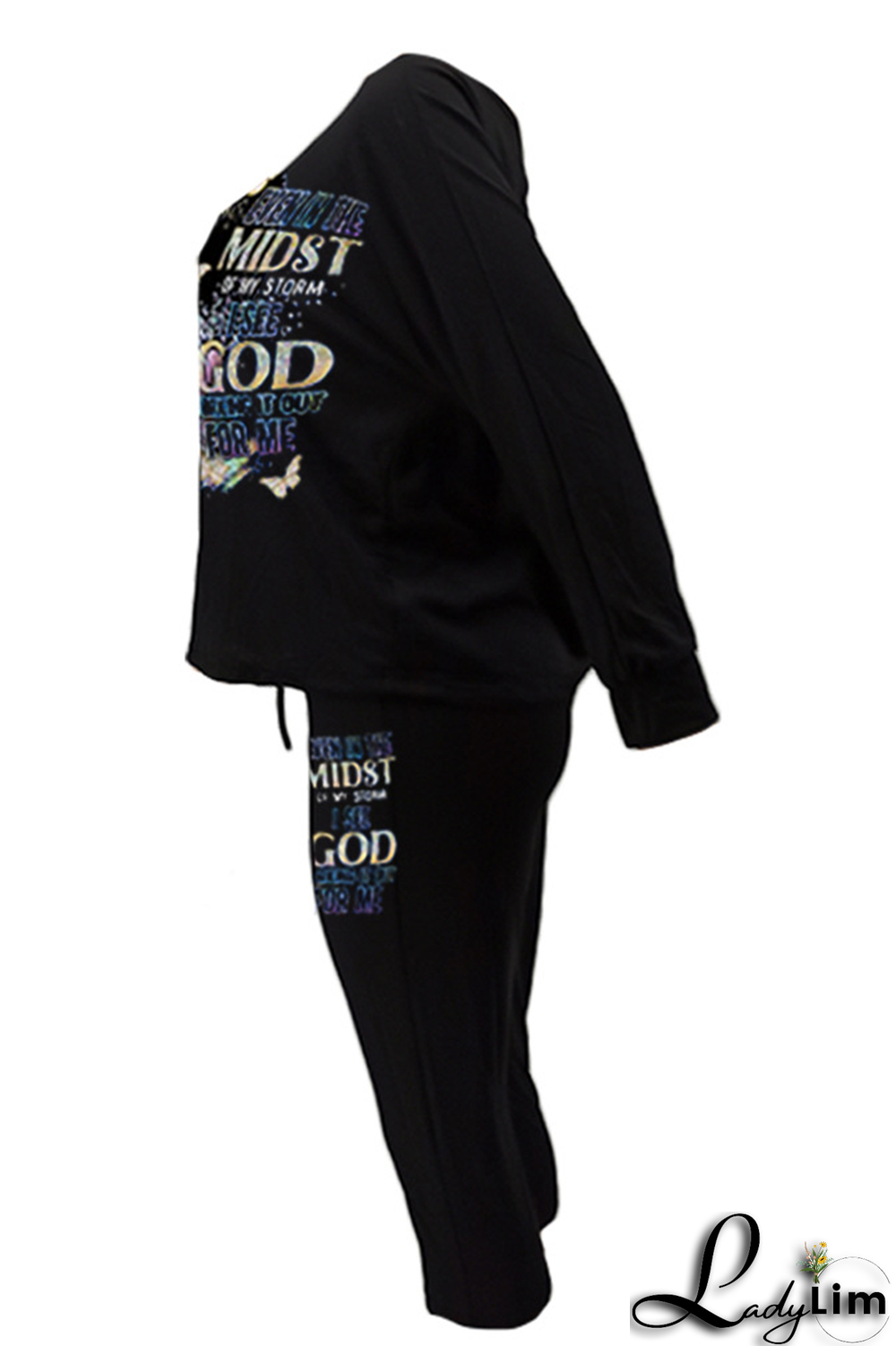 Black Fashion Print Patchwork One Shoulder Long Sleeve Two Pieces