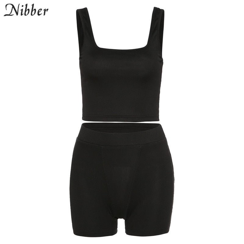 Nibber fashion basic black sportswear 2two pieces sets women Jogging leisure tank top shorts suit activity vest leggingss female