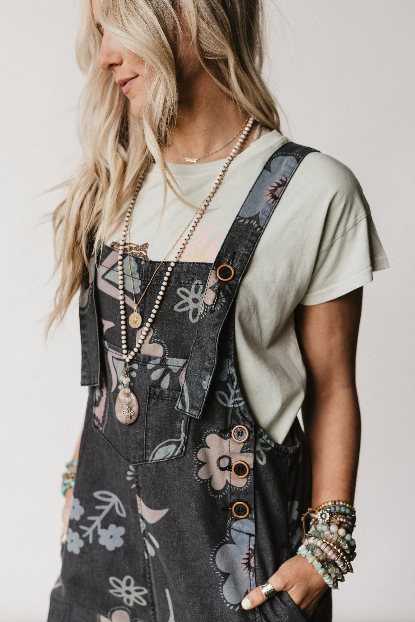 High Hopes Slouchy Pocket Denim Overalls - Black Artsy Floral