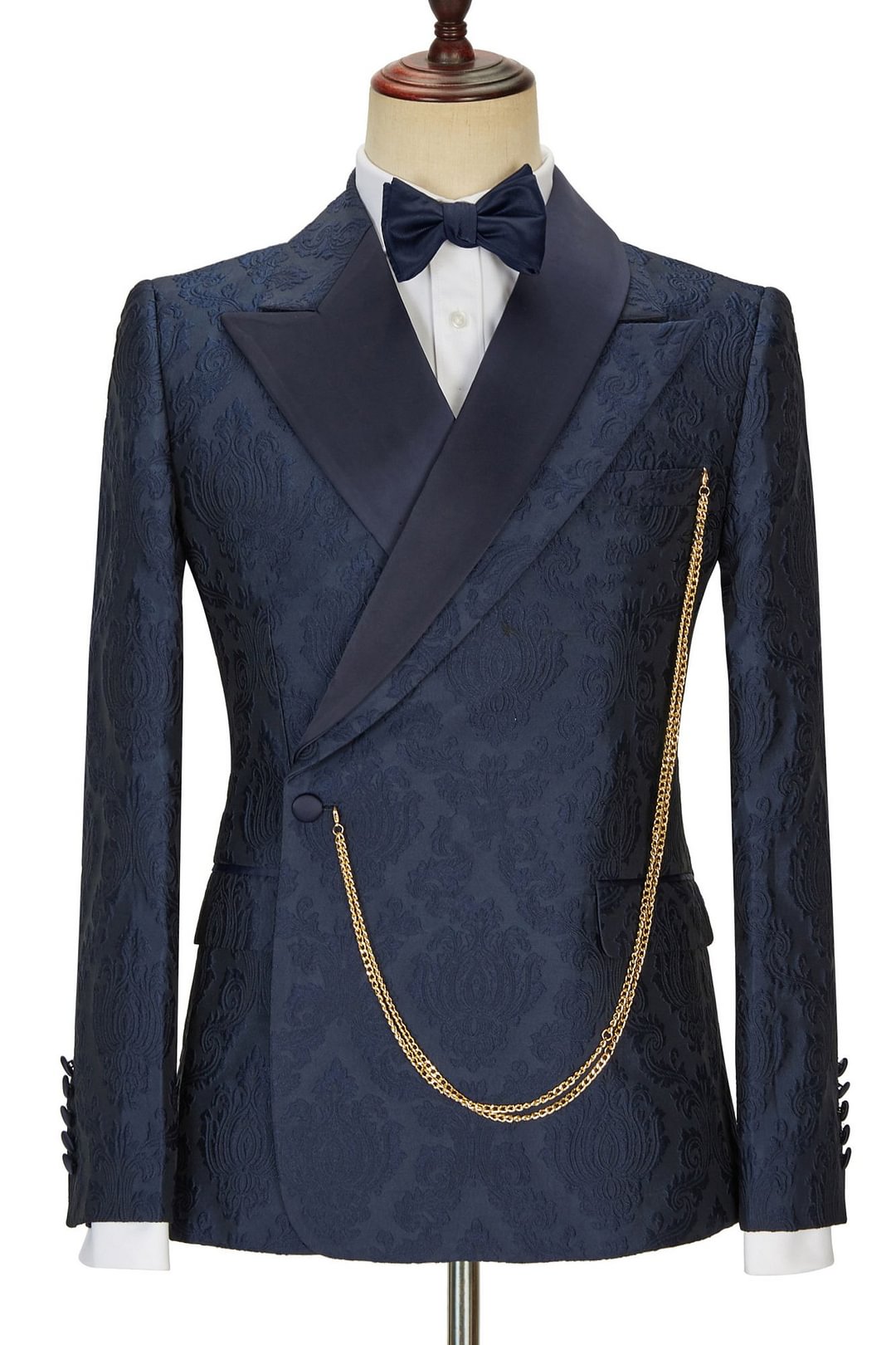 Chic Slim Fit New Arrival Navy Blue Jacquard Peaked Lapel Wedding Men Suits | Ballbellas Ballbellas