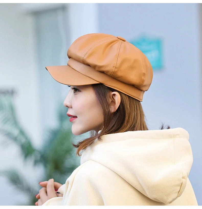 Women PU Peaked Beret Caps Girls Retro Solid Color Octagonal Cap leathe Winter Autumn Painter Hats Classy Faux Leather Beret Hat