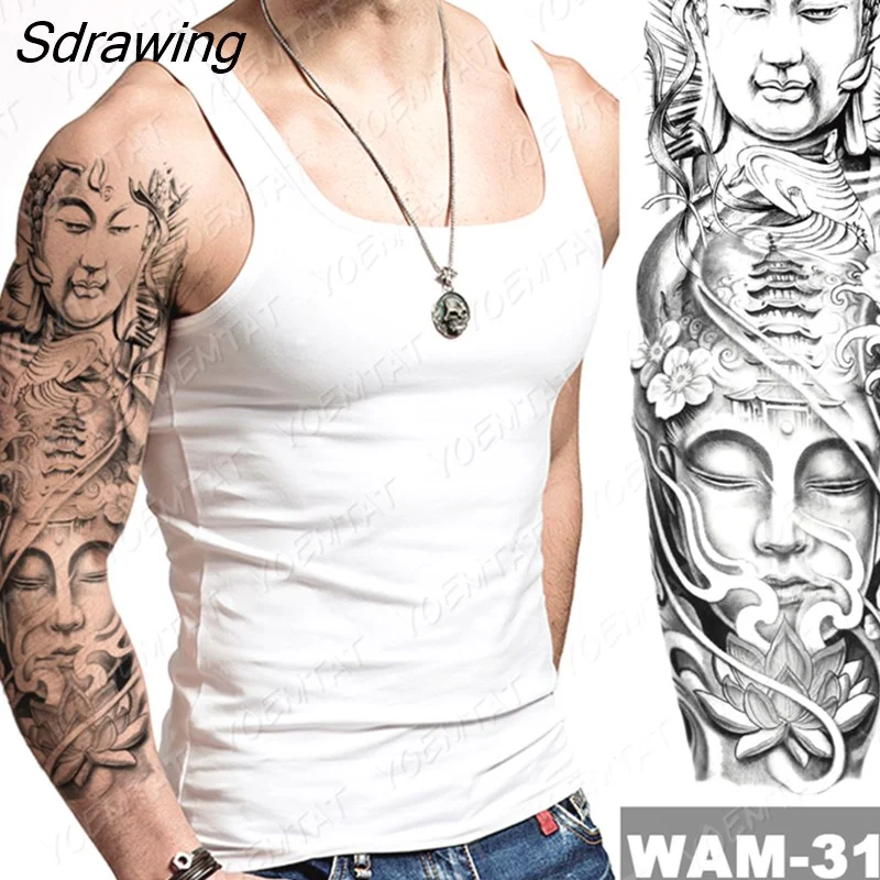 Sdrawing Arm Sleeve Tattoo Tiger Lion Wolf Owl Waterproof Temporary Tatto Sticker Crown Warrior Body Art Full Fake Tatoo Men Women