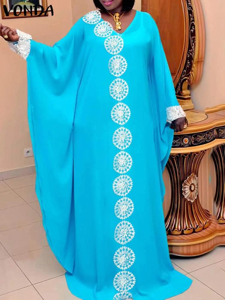 VONDA Brand Holiday Party Dress 2022 Sexy V Neck Baggy Sleeve Holiday Sundress Women Patchwork Vestidos Long Dresses Longue Robe