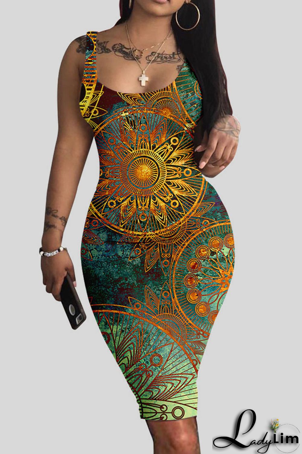 Colour Sexy Print Patchwork U Neck Pencil Skirt Dresses
