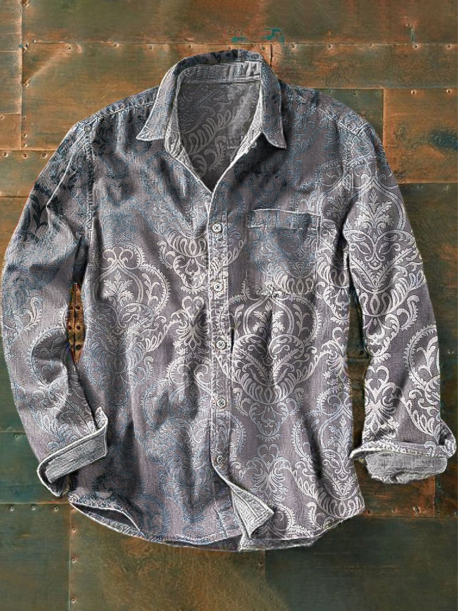 Men's Vintage Gradient Totem Art Print Long Sleeve Pocket Shirt