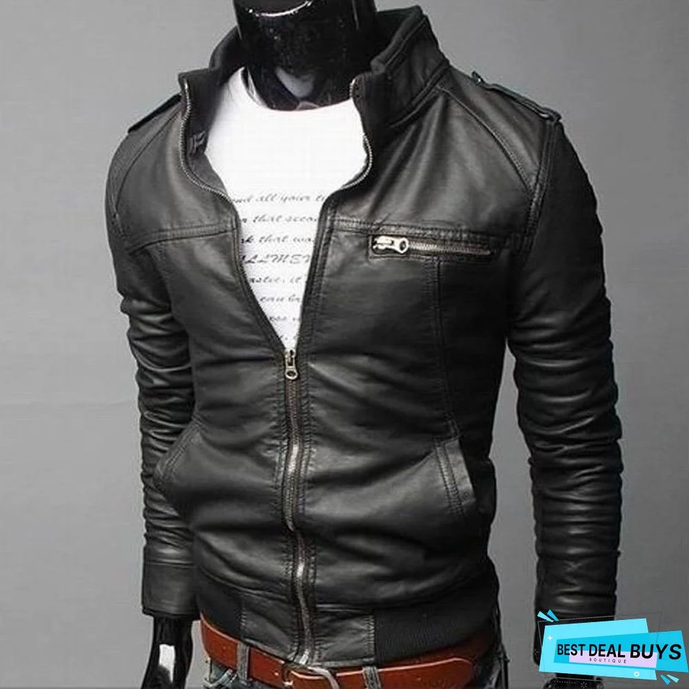 Fashion Men Vintage Motorcycle PU Leather Coats Stand Collar Long Sleeve Outwear Zipper Fitness Cool Jacket
