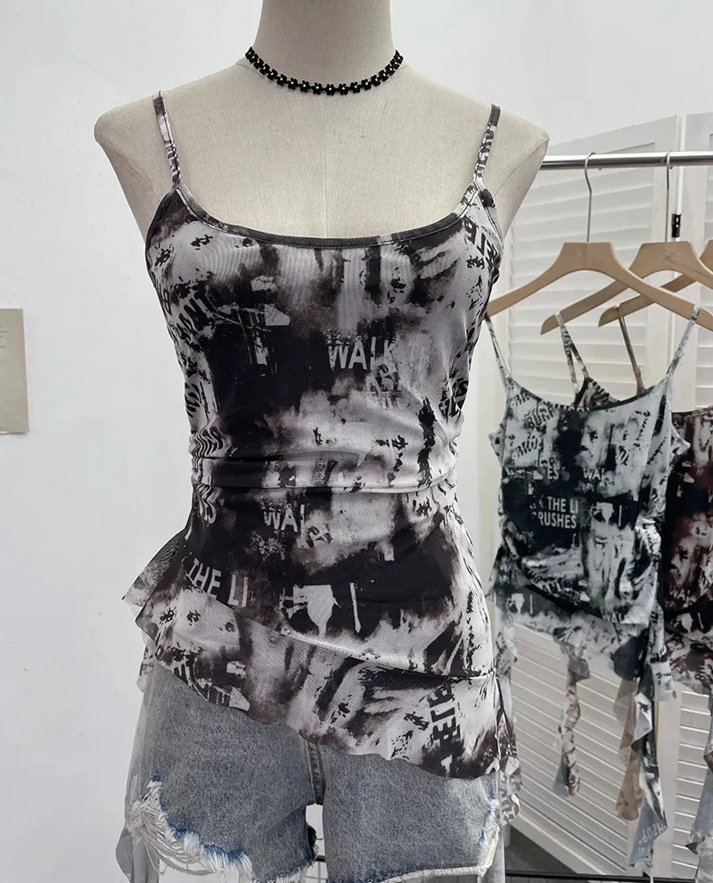 Brownm Solid Shooting Wasteland Style Personality Letter Tie-Dye Printing Mesh Sling Sling Babes Irregular Tuxedo Small Vest 9965