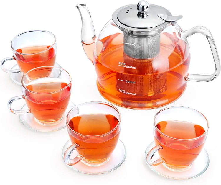 MINO ANT Tea Set – 1200ml Glass Teapot with Removable Stainless Steel Infuser. and 4 Glass Teacups. Stovetop Safe Tea Kettle Gift Set. Blooming and Loose Leaf Tea Maker Set