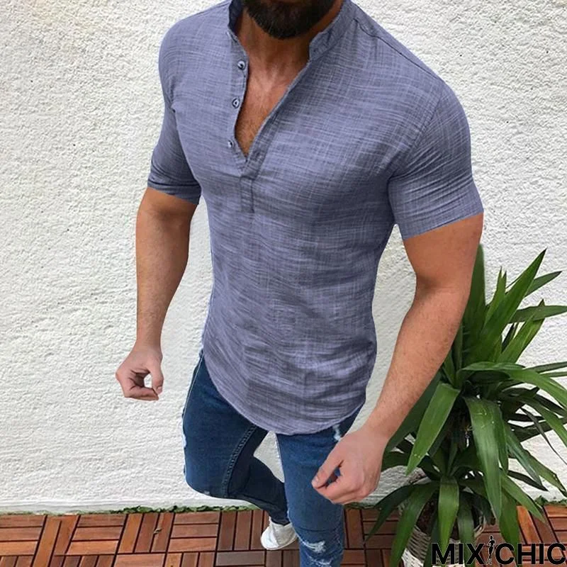 Solid Color Half-Open Stand Collar Short-Sleeved Shirts Linen