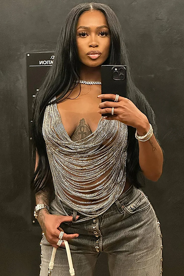 Metal Chains Design Halter Neck Party Top-Silver
