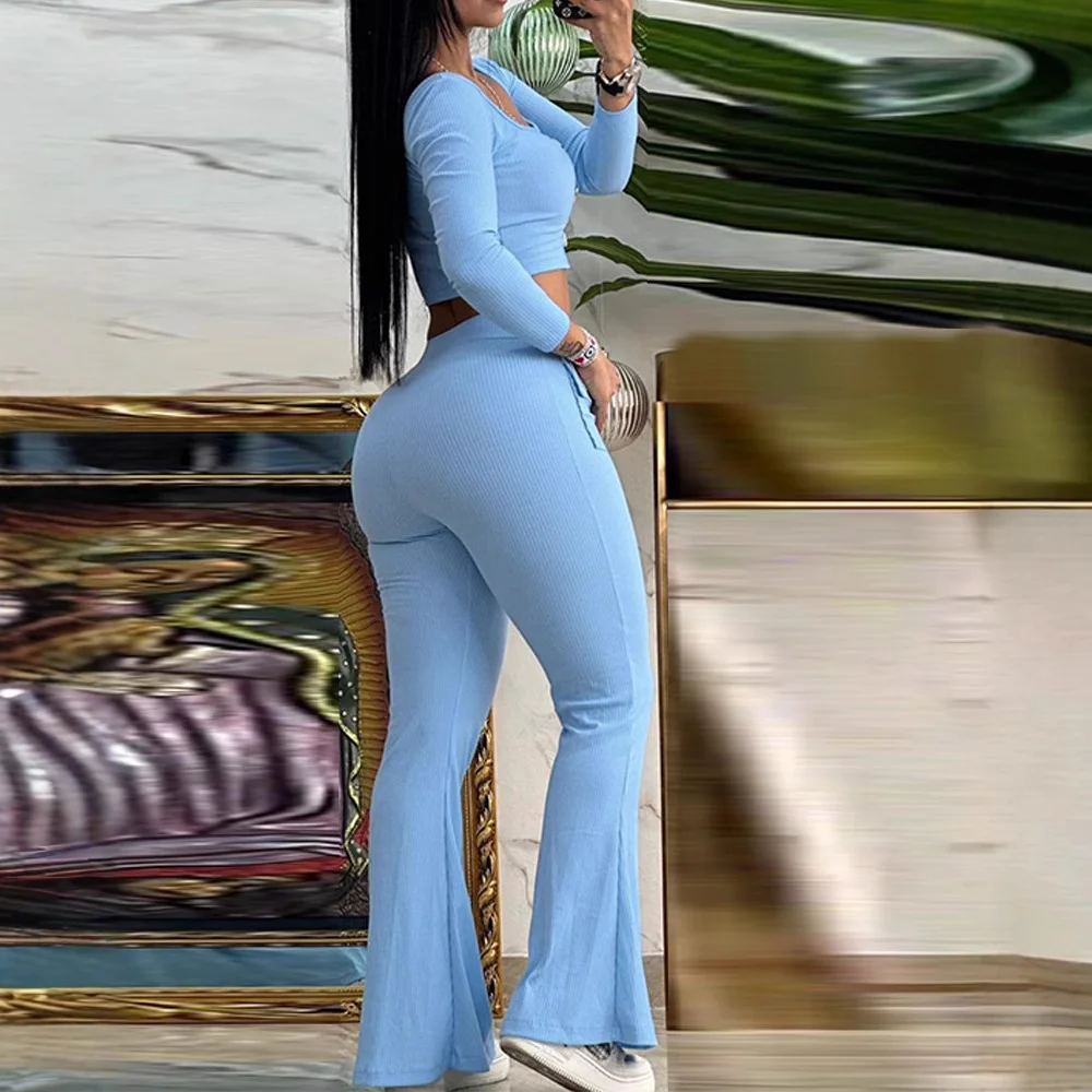 Uveng Uveng Summer 2024 Elegant U-Neck Button Nine-Point Sleeve Top With Waist Pocket Design Bell-Bottom Suit