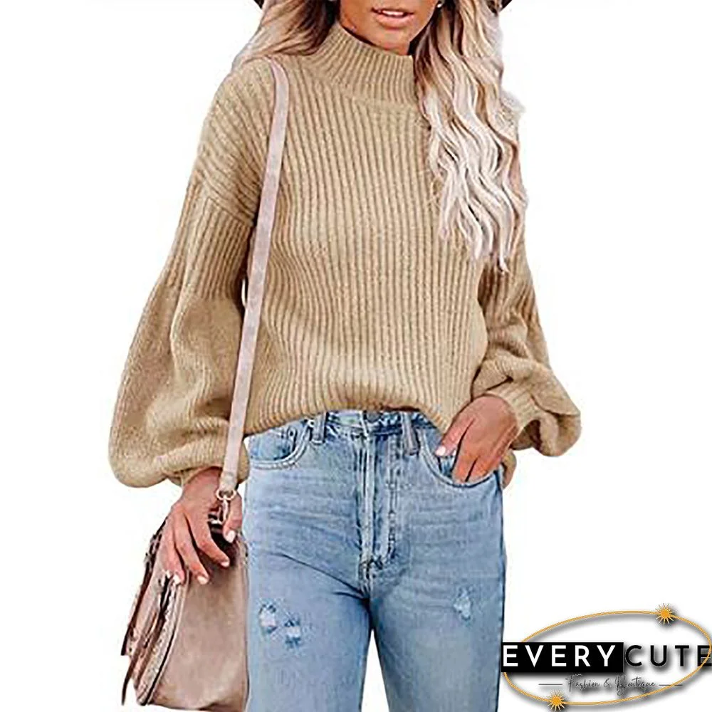 Khaki Solid Turtleneck Lantern Sleeve Pullover Sweater