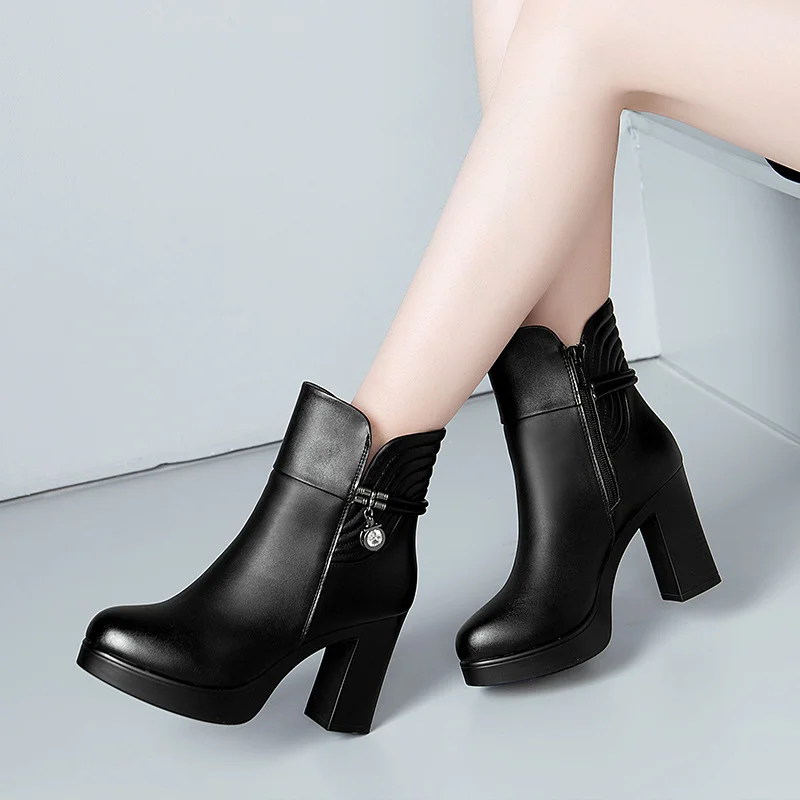 Qengg Boots Women's Thick Heels Large Size 40-43 Short Boots British Style Autumn And Winter Style High-Heeled Waterproof Platform Women's Boots