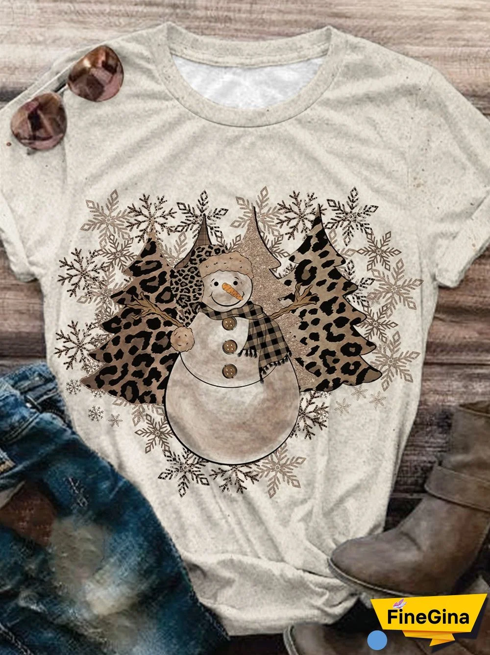 Christmas Tree Snowman Snowflake Print Crew Neck T-Shirt