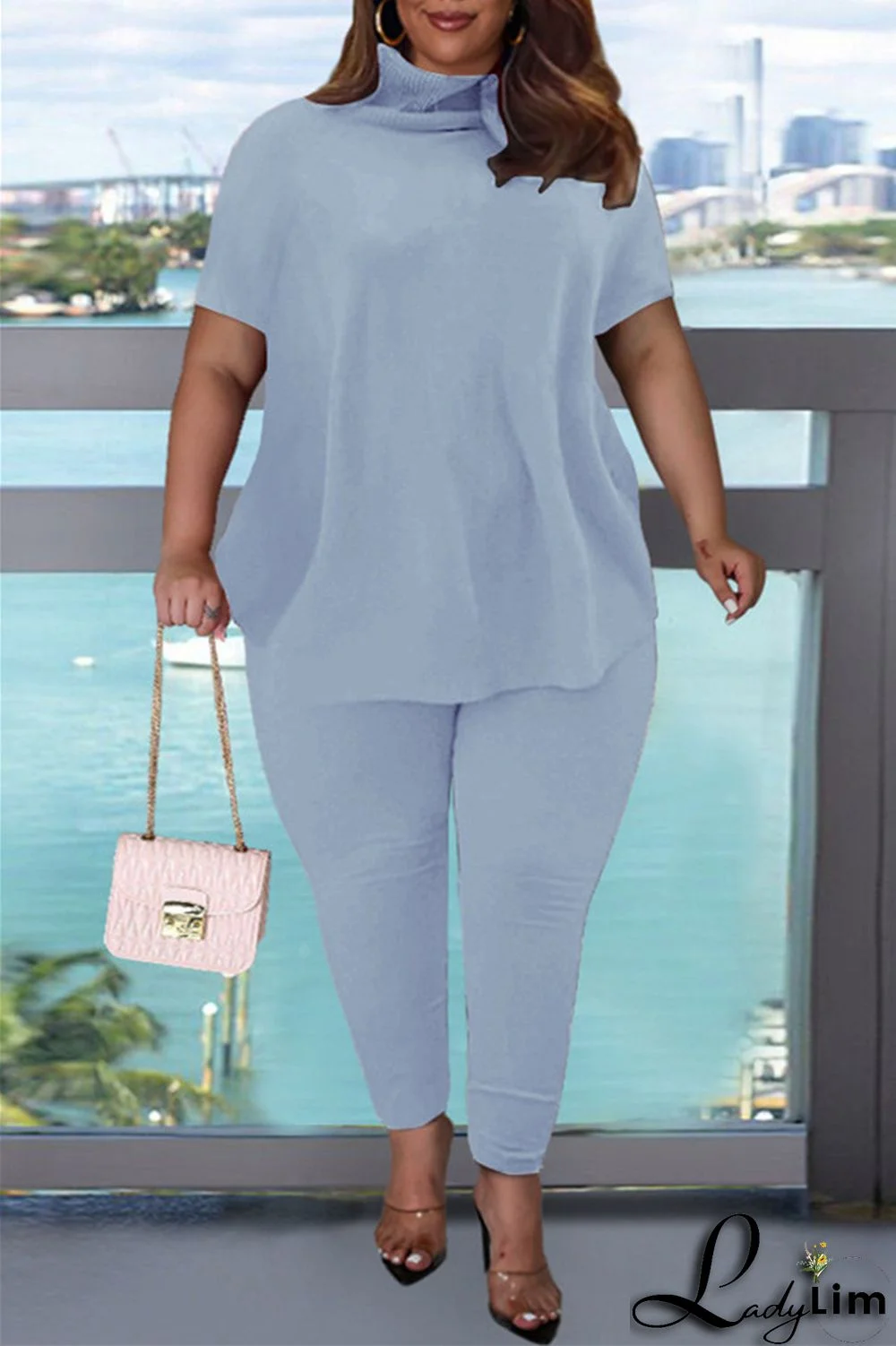 Pink Fashion Casual Solid Basic Turtleneck Short Sleeve Two Pieces