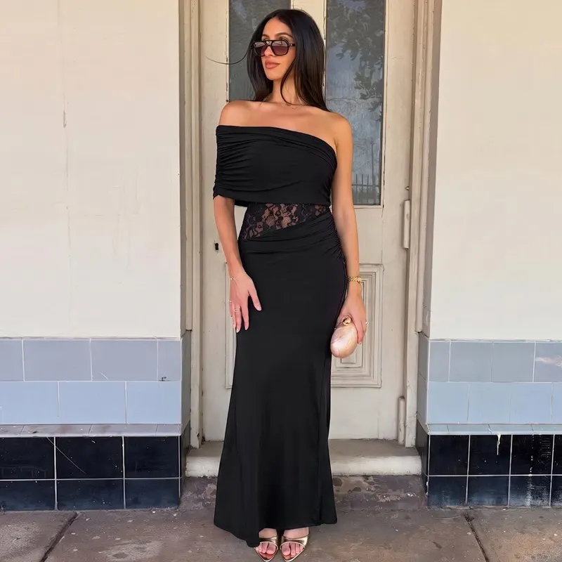 Solid One Shoulder Ruched Lace Panel High Waist Mermaid Maxi Dress