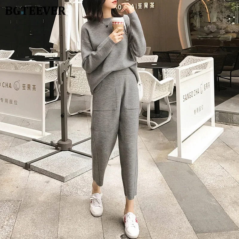 BGTEEVER 2021 Winter Casual Thick Sweater Tracksuits O-neck  Jumpers & Elastic Waist Pants Suit Female Knitted 2 Pieces Set