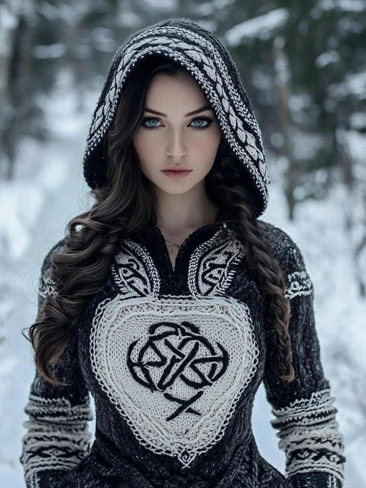Women's Tribal Style Jacquard Cozy Knit Hooded Sweater