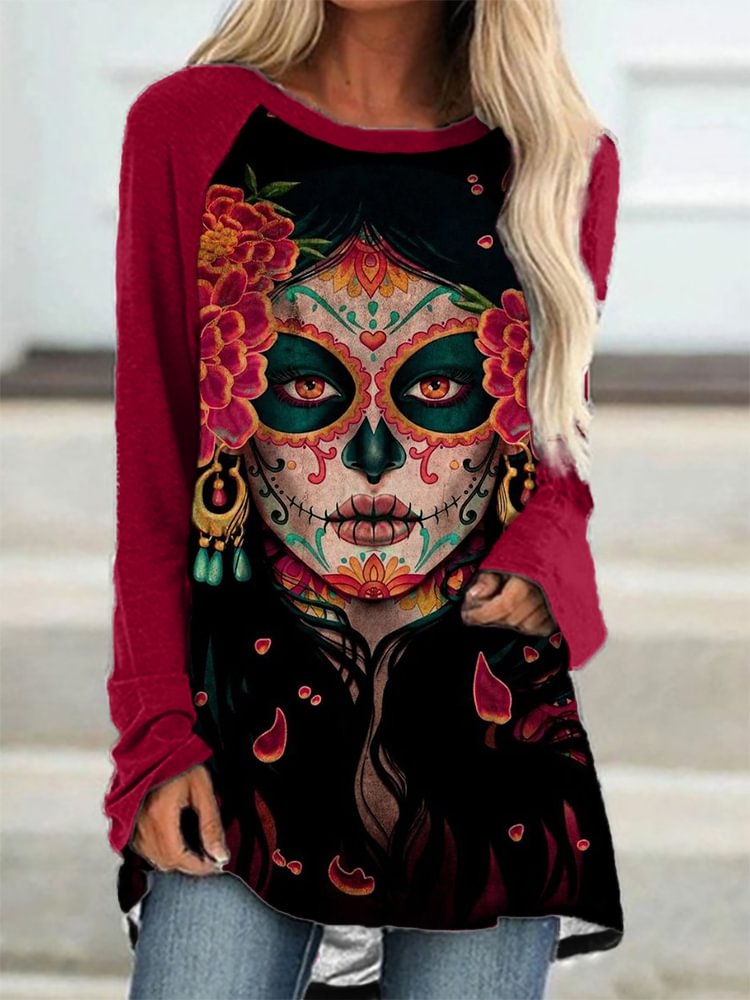 Day Of The Dead Lady Art A Line T Shirt