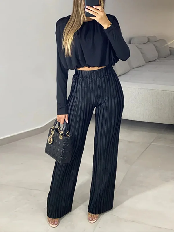 Long Sleeves Elasticity Pleated Solid Color Round-Neck Shirts Top + High Waisted Pants Bottom Two Pieces Set