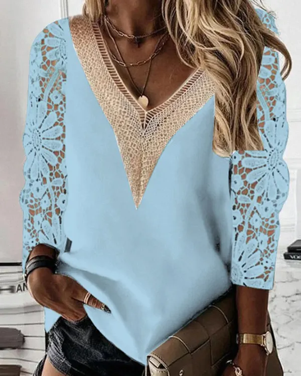 Elegant V-neck Stitching Hollow Lace Chiffon Top