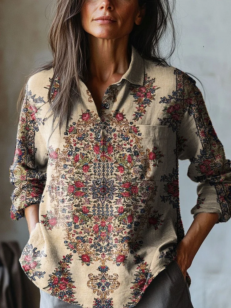 Women's Vintage Lovely Floral Art Print Casual Cotton And Linen Shirt
