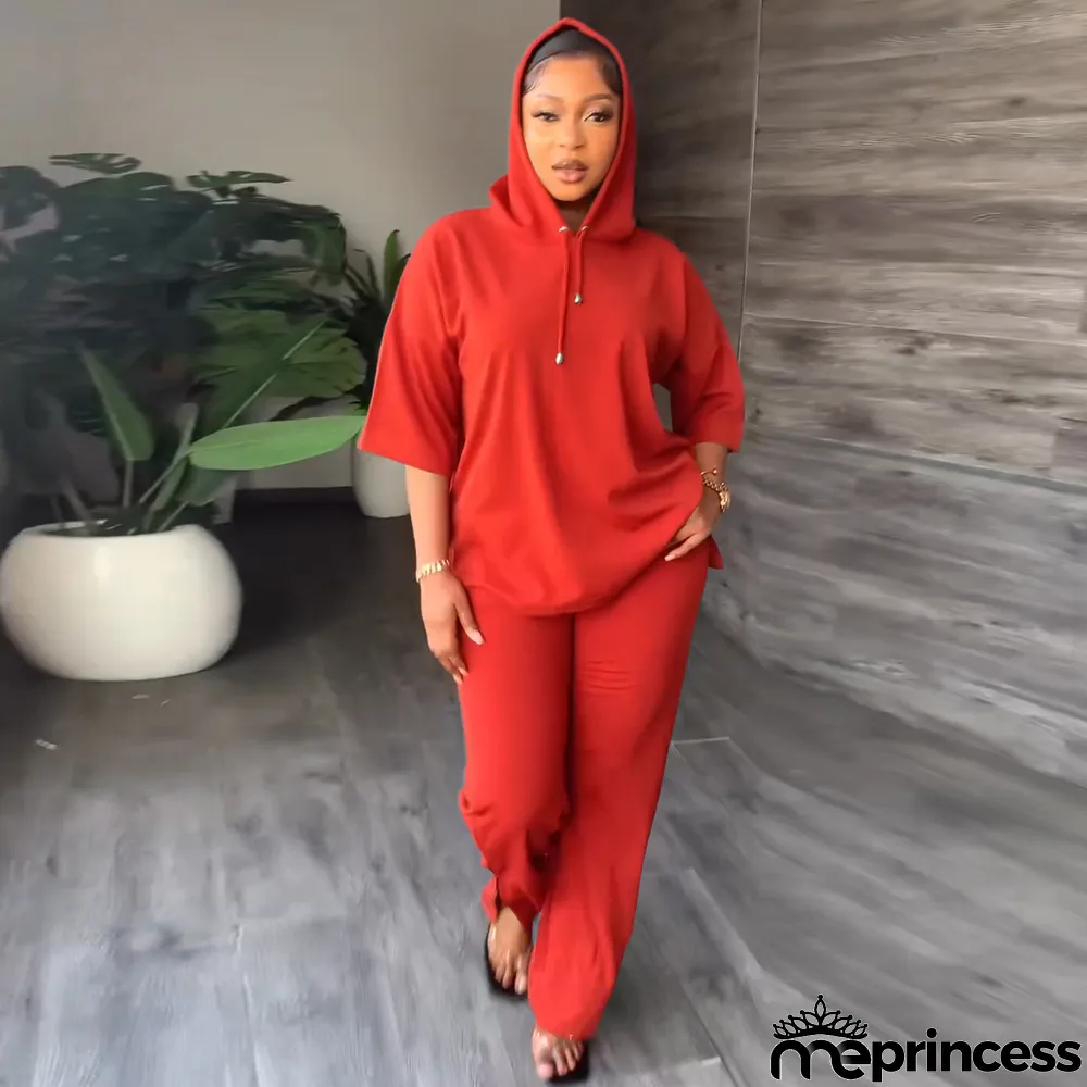 Solid 3/4 Sleeve Hooded Sweatshirt Pant Two Piece Set