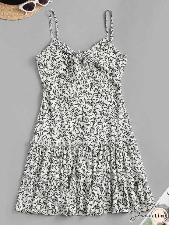 Ditsy Leaf Knotted Cami Flounce Dress for Women