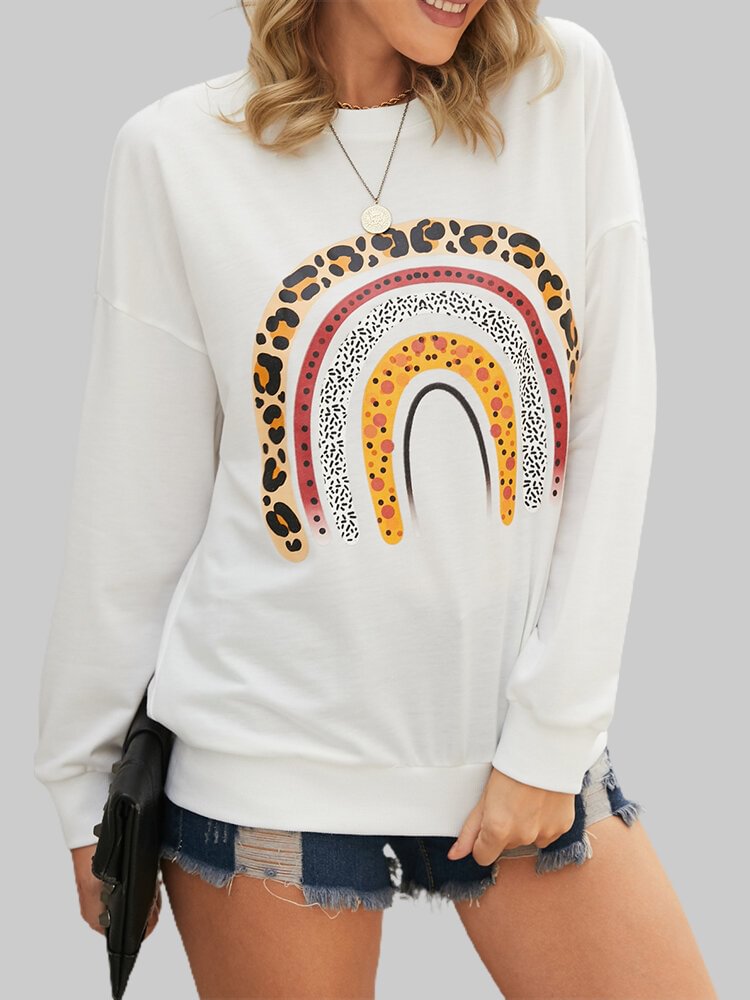 Rainbow Leopard Print O-neck Long Sleeve Loose Casual Sweatshirt