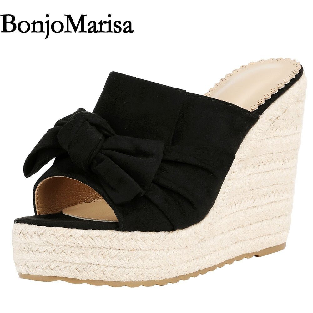 Sweet Butterfly Knot Slip On Sandals Fashion Summer Espadrille Wedge Heeled Shoes Woman Open Toe Platform Party Casual Sandals