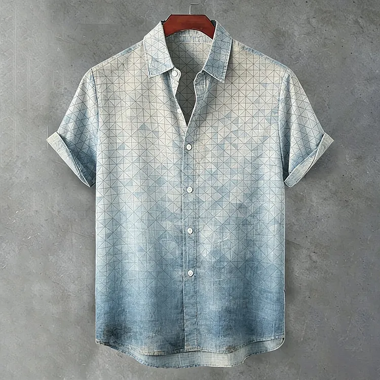 Men's Vintage Geometric Art Gradient Casual Cotton And Linen Short-sleeved Shirt