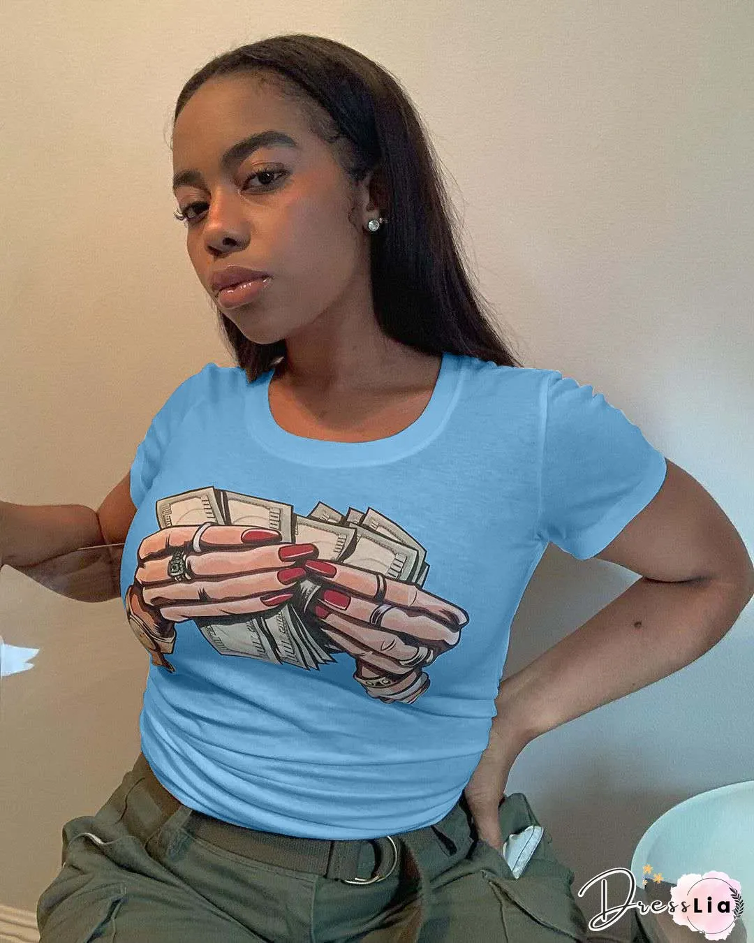Round-neck Short Sleeve Plus Size Women T-Shirt-Fashion Lounge Wear Trend Dollar Print