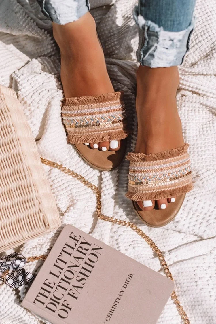 Fringe Folk Woven Flat Slide Sandals-elleschic