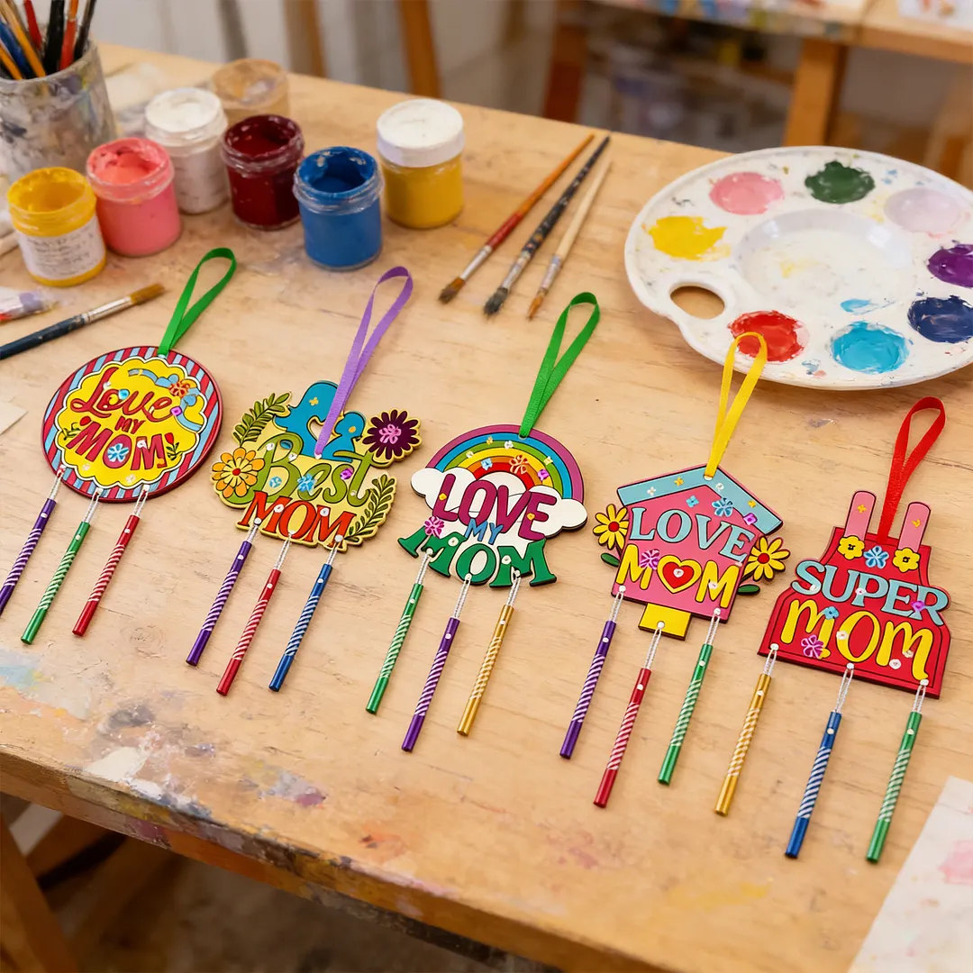 Mothers Day DIY Oil Painting Wind Chimes Wood  Chime Ornament Drawing Spring Craft Pendants for Beginners Adults Gift Home Wall Decor (Wind Chimes B)