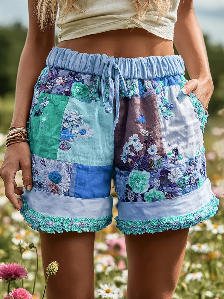 Women's Patchwork Floral Contrast Drawstring Shorts