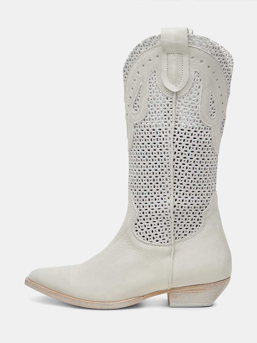 White Snip Toe Cut-Out Low Heel Mid-Calf Western Boots for Women