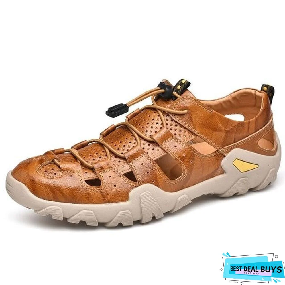 Men's Cow Genuine Leather Sandals Breathable Casual Shoes Footwear Walking Beach Sandals