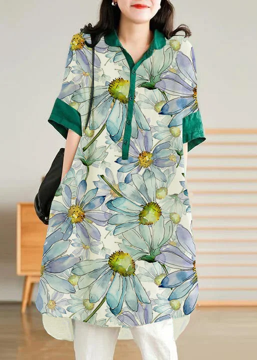 Jade Green flower Linen Women Casual Linen Shirt Dress
