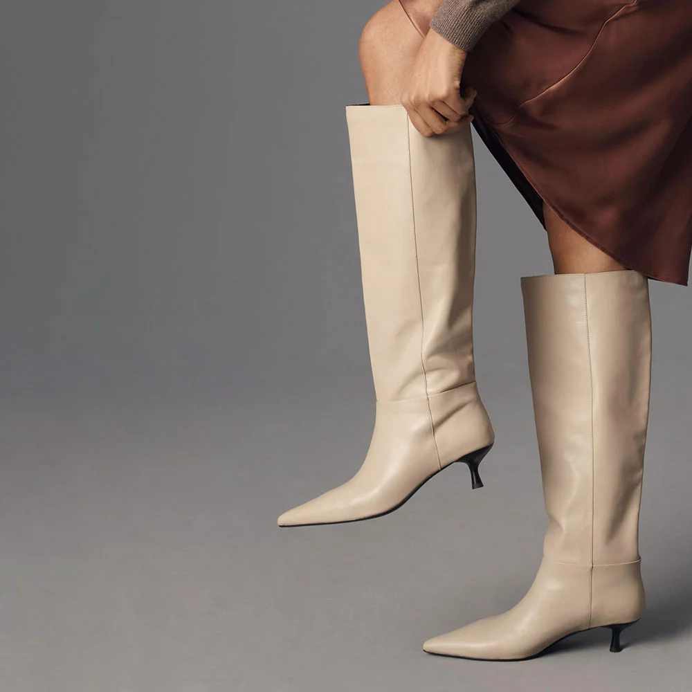 Simple Beige Pointed Toe Kitten Heel Wide Calf Knee High Boots