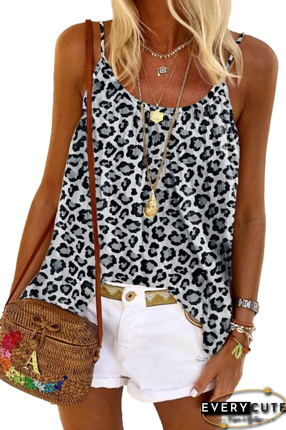 Leopard Print Spaghetti Strap Pleated Flowing Tank Top