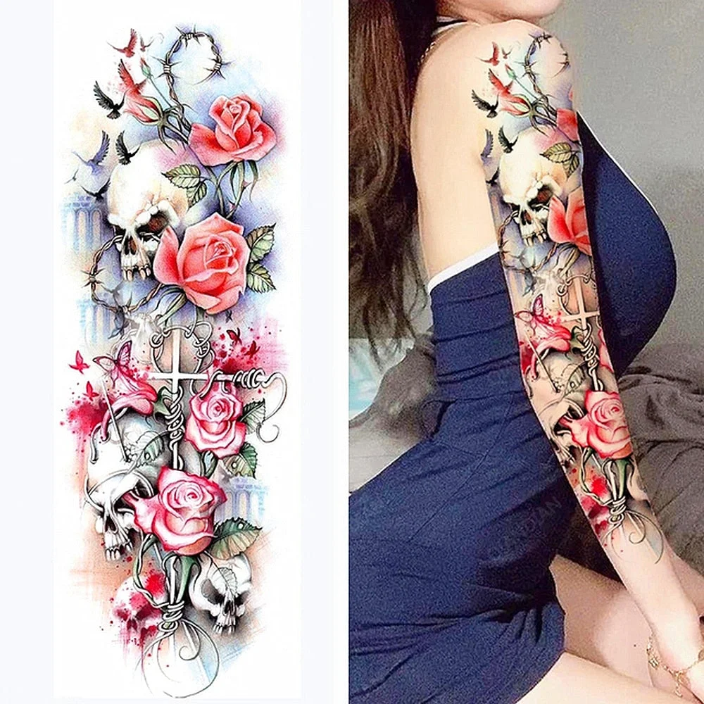 1pc Women Waterproof Temporary Tattoos Stickers Thighs Cool Hipster Skull Mermaid