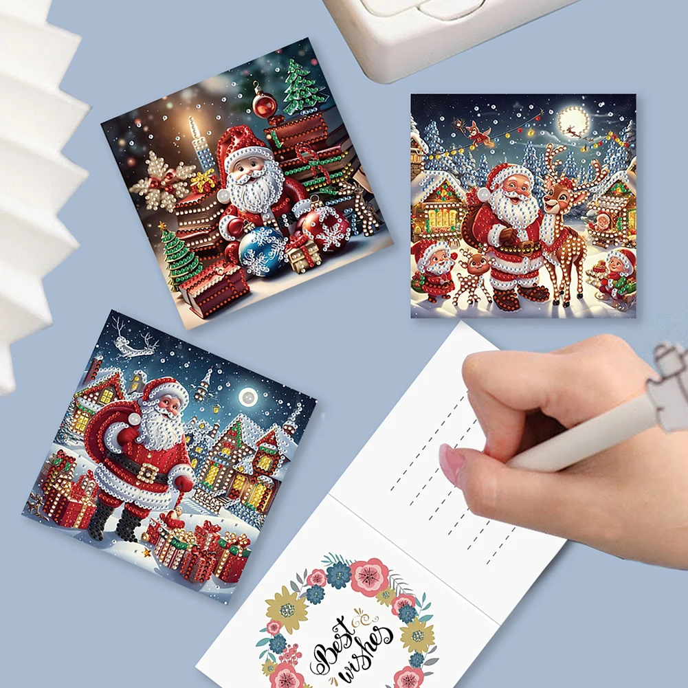 6pcs DIY Christmas Santa Claus DIY Diamond Painting Card for Friends Family Gift【With White Envelope】